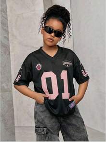 Tween Girls' Fashionable Street Style Loose V-Neck 01 Letter Print Black & Pink T-Shirt Top, Spring/Summer - Black - View 6