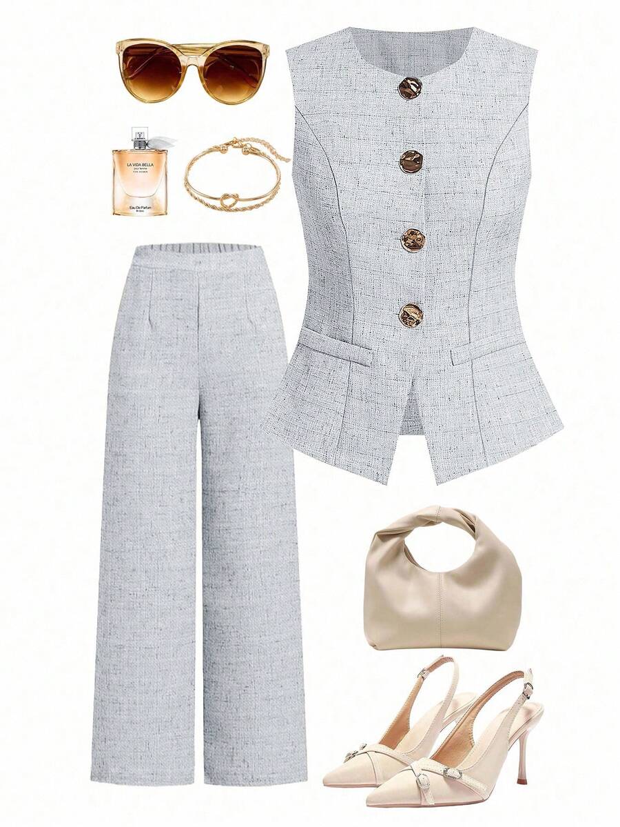 Ellevyn Bộ đồ 2 món tối giản, thanh lịch, chất liệu giả vải lanh, gồm áo và quần không tay, thích hợp cho việc đi làm hàng ngày. - Màu xanh nhạt - Xem 1