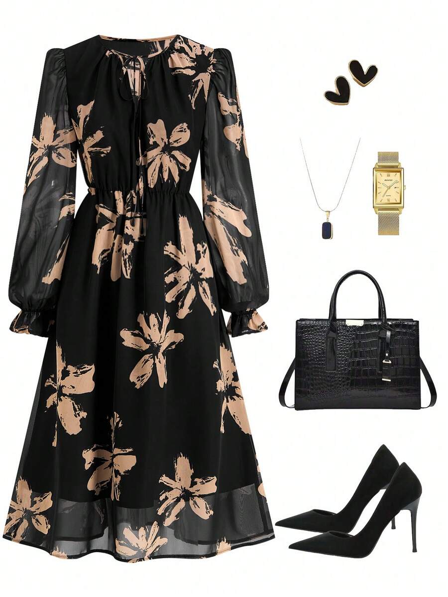 Ellevyn Women's Casual Floral Print Front Tie Knot Round Neck Long Sleeve Dress - Black - View 1