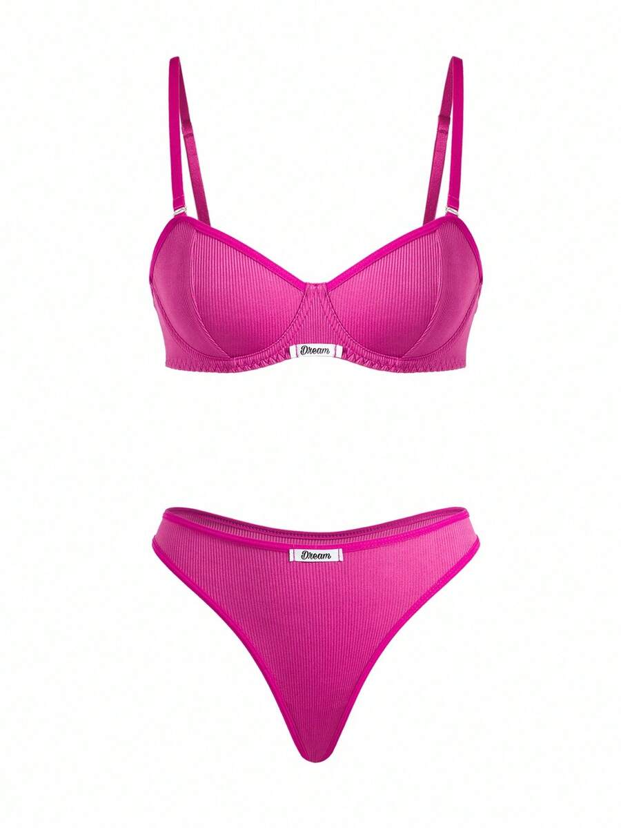 Lowkey Lull 2pcs Set Women's Underwear With Steel Rings, 1/2 Cup, Gather, Simple & Comfortable, High Elasticity, High Support - Hot Pink - View 1