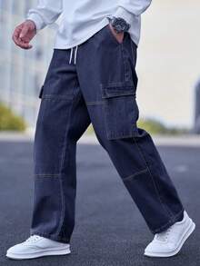 Manfinity Hypemode Loose Fit Men's Top-Stitching Drawstring Waist Cargo Jeans - Dark Wash - View 1