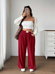 SHEIN EZwear 大码女式高腰宽松阔腿裤，卡其色灯芯绒面料，带口袋和贴布设计，适合校园、日常穿着和室内工作，秋冬季穿着。 - 紅色 - 查看 6