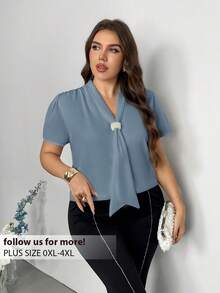 Firerie Plus Size Elegant Beaded Decor Blouse For Summer - Dusty Blue - View 1