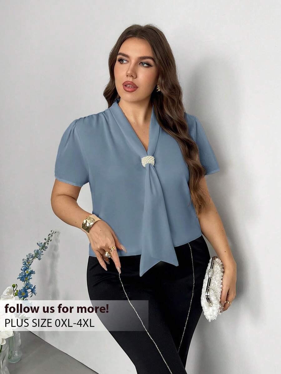 Firerie Plus Size Elegant Beaded Decor Blouse For Summer - Dusty Blue - View 1
