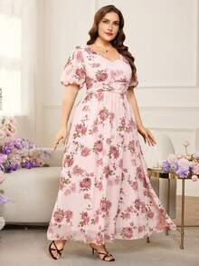 Modelyn Romantic Chiffon Floral Print Puff Sleeve A-Line Plus Size Maxi Dress, Spring/Summer - Multicolor - View 3