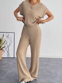 SHEIN EZwear 女士卡其色针织休闲上衣和裤子家居服套装 - 卡其色 - 查看 5