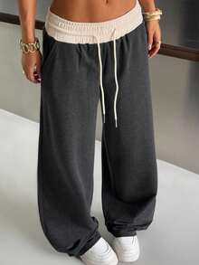 SHEIN EZwear 女士夏季休闲撞色抽绳腰灰色针织阔腿运动裤 - 深灰色 - 查看 6