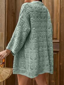 Women Kimona With Open Knit Fringes, - Mint Green - View 2