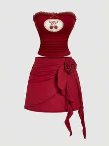 SHEIN MOD 复古宫廷红3D立体花朵荷叶边A字裙，适合花园茶会、约会、派对、女士春夏装、春假、度假、野餐、节日、生日、情人节、夏季、春假等场合。 - 紅色 - 查看 6