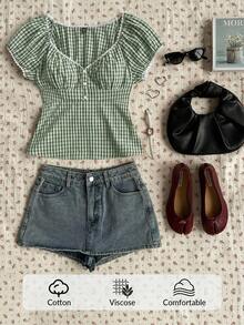 SHEIN EZwear 大码格子印花甜心领休闲短袖衬衫 - 軍綠色 - 查看 7