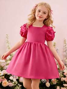 Vestido de princesa infantil com elegante laço decorativo, ideal para o verão. - Rosa Quente - Ver 5