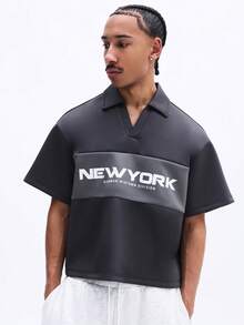 SUMWON Cropped Boxy Fit Polo Shirt With Chest Print Casual Short Sleeve Collared Top Summer Urban Streetwear Style - Dark Grey - View 5