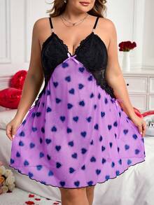 SHEIN CURVE+ Đầm cỡ lớn CURVE PLUS /Ngày Valentine/Đầm hai dây lưới hở lưng phối màu tương phản với ren và họa tiết trái tim gợi cảm, thích hợp cho ngày Valentine. - Màu tím - Xem 4