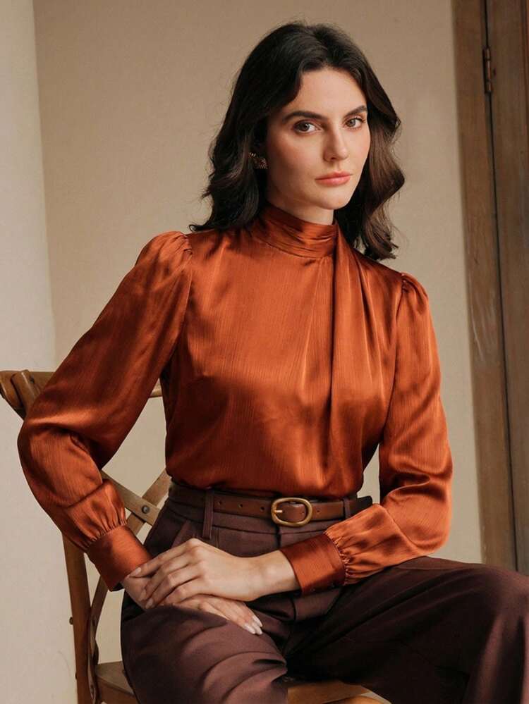 Elegant Retro Brown Satin Texture Mock Neck Loose Long Sleeve Top