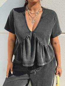 Muchica Plus Size Women's Solid Color V-Neck Short Sleeve Ruffle Hem Top And Wide Leg Pants Casual 2 Piece Set, Spring/Summer,Carnival Women Look 2026,Going Out Outfits,Beach Outfit, Holiday Outfits,Black, Summer Outfits - Black - View 5