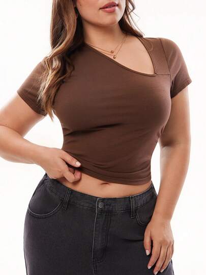 Solavibe 女士加大码休闲纯色斜肩修身短袖T恤，夏季