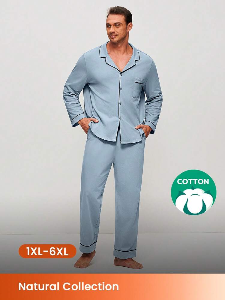 Conjunto de pijama de talla grande para primavera y verano, 100% algodón puro, color azul celeste, con top de botones largos y pantalones, para hombres, conjunto de ropa de estar en casa con pantalones con bolsillos, pijama de algodón