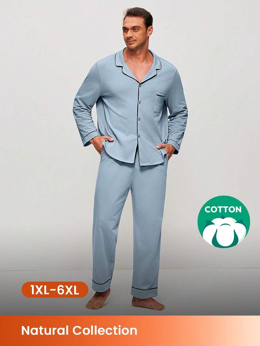 LUVLETTE Plus Size Spring And Summer Soft 100% Pure Cotton Sky Blue Basic Long Button-Up Top & Pants Pajama Sets For Men Lounge Sets For Men Pants With Pockets Pyjama - Blue - View 1