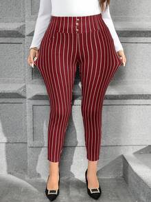 SHEIN Clasi Plus Size Women's Striped Button Decor Skinny Pants, Suitable For Work And Commute - Burgundy - View 3