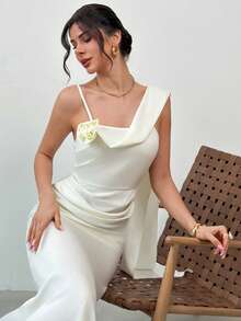 Firerie 女士优雅、精致、浪漫、端庄、奢华、迷人的派对/活动/婚礼/周年纪念/生日/度假礼服，采用深V领设计，垂褶褶裥，3D立体花卉装饰，光泽缎面面料，美人鱼廓形，白色 - 白色 - 查看 5