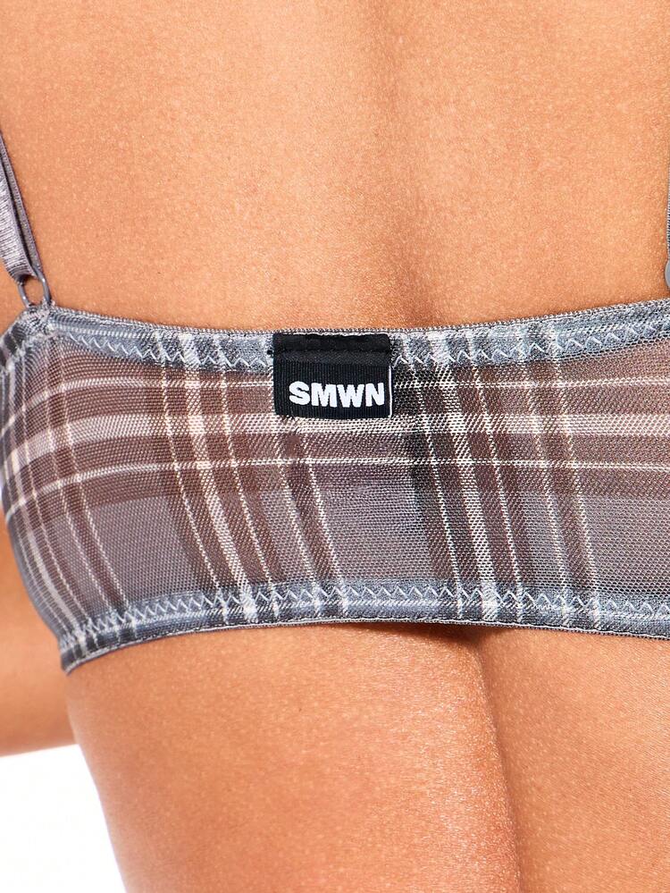 SUMWON WOMEN Mesh Plaid Check Print Lingerie Set