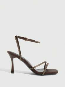 CUCCOO SZL Women Fashion Shallow Gold Rhinestone High Heel Square Toe Sandals, Suitable For Commuting, Dating, Party For Christmas - Coffee Brown 5 - View 4