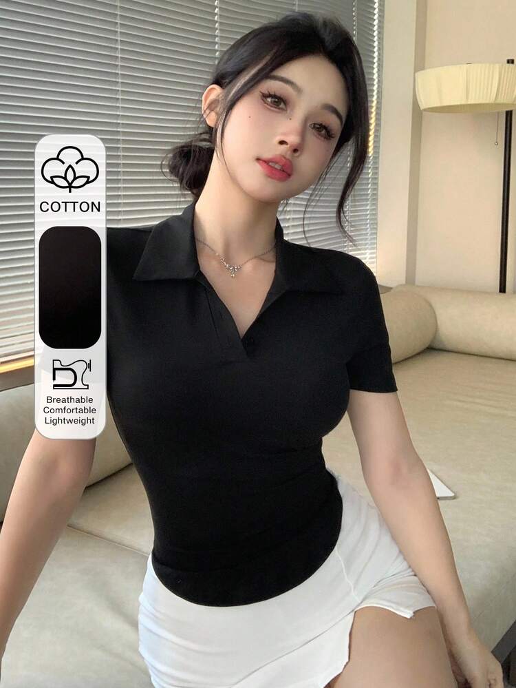 Women's Black Polo Shirt Basic Tee, Elegant For Music Festival, Valentine's Day, Wedding, Casual, Commute, Spring/Summer