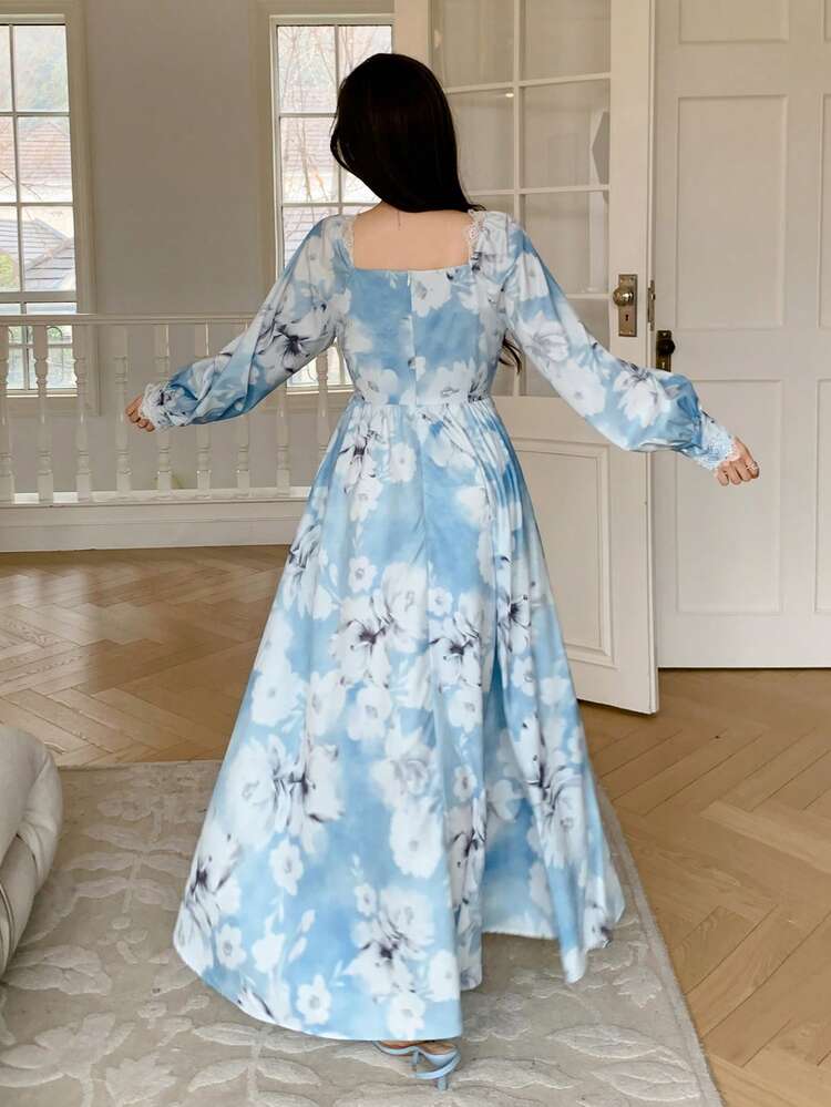 Spring Lace Bridesmaid Wedding Guest Elegant Patchwork Waist Midi Dress For Vacation Sundress