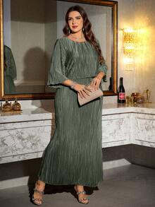 Reflora Plus Size Elegant Solid Color Dress, Suitable For Party Fall - Olive Green - View 9