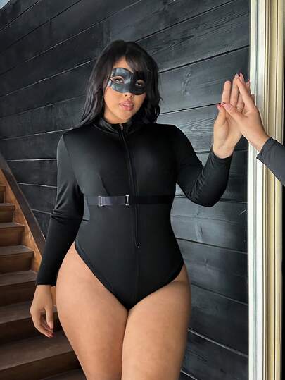 2件套黑色超级英雄角色扮演拉链面具+连体衣，迷人个性化大码内衣