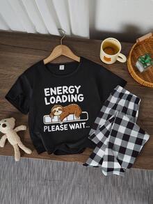 2pcs/Set Teenage Boys' Black Short Sleeve Top And Plaid Pants Casual Pajama Set - Black - View 1