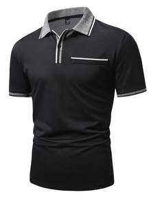 Calvornis 男士黑色夏季休閒商務工作 Polo 衫，對比條紋飾邊短袖經典領上衣附胸前口袋，日常通勤高爾夫 Polo 衫，儀式適用 - 黑色 - 查看 3