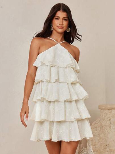 Enchnt Vestido de verano de mujer de unicolor con tirantes finos y volantes en el bajo