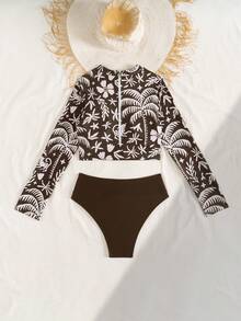 Swim SPRTY 女士夏季海滩度假随机印花吊带泳衣，长袖，短裤泳装，冲浪服 - 彩色 - 查看 5