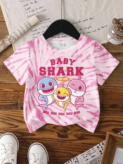 BABY SHARK X SHEIN 女婴全印花短袖上衣
