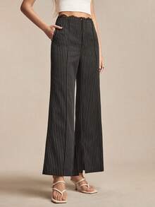 BizChic New Spring/Summer Black Striped Waistband Lace Trim Patchwork Slit Side Pocket Women's Pants - Black - View 4