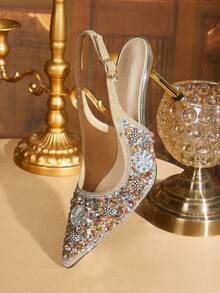 CUCCOO TILAWA 女士镶钻尖头高跟鞋，时尚踝带礼服鞋，适合派对和宴会穿着 - 金色 - 查看 6