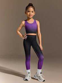 Bộ đồ thể thao gồm áo croptop không tay và quần legging in họa tiết ombre tím đen, chất liệu co giãn cao, ôm sát tôn dáng, thích hợp cho đạp xe, chạy bộ, tập luyện, dành cho bé gái. - Nhiều màu - Xem 8