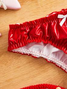 FairyFlirt Y2K圣诞节开衩裆部镂空PU拼接蝴蝶结亮面无裆内裤，性感可爱女士内衣 - 紅色 - 查看 3