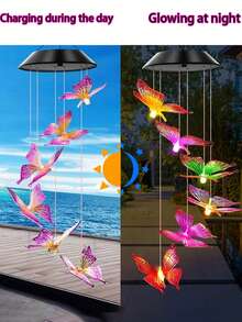 Four Solar-Powered Hummingbird/Butterfly/Heart/Round Wind Chime Lights, Colorful 6-LED Hanging Lights, Featuring A Romantic Purple And Yellow Butterfly And Blue Hummingbird Design, Suitable For Patio Decoration, Balcony, Outdoor Garden Decoration, Party And Holiday Atmosphere Creation (Solar Powered). - multicolor - View 8