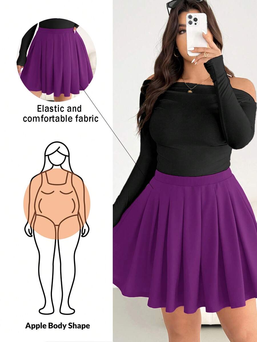 Shapeblank Chân váy midi xếp ly màu đỏ dành cho nữ cỡ lớn, kiểu dáng thường ngày, thoải mái, rộng rãi, tôn dáng, thích hợp mặc mùa thu/đông, thích hợp cho Giáng sinh và Năm mới. - Màu tím - Xem 1