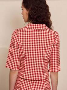 lacRébo 绿色格纹短袖纽扣外套，圆领设计，可爱复古风 - 紅白色 - 查看 2