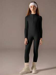 Tween Girls Black Half-Zip Jumpsuit, Long Sleeve With Long Pants, High Stretch Fitted Turtleneck Jumpsuit - Black - View 5