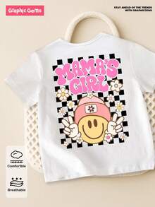 SHEIN بلوزة قصيرة الأكمام ذات رقبة دائرية أساسية مع طبعات على الوجه الباسم والزهور والشطرنج والشعارات ، موديلات أساسية للأطفال البنات للأناقة اليومية - أبيض - مشاهدة 7