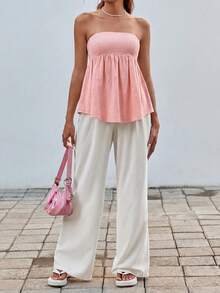 SHEIN EZwear 女士时尚纯色抹胸A字上衣，女士休闲荷叶边下摆，褶皱吊带修身莲花粉色人造丝纯色衬衫，春夏，派对/夜店装 - 藕粉色 - 查看 5