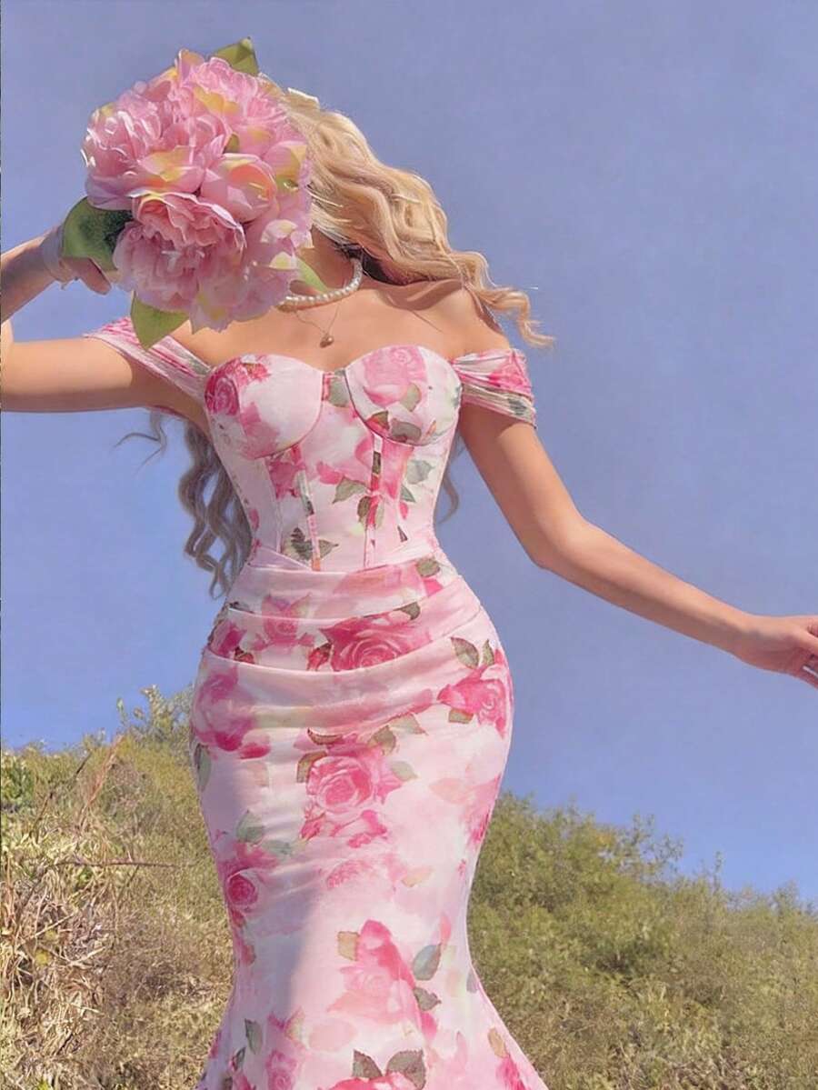 SHEIN MOD 梦幻浪漫郁金香印花长款鱼尾连衣裙,配有抹胸设计——完美适用于度假、约会、野餐、派对、舞会、节日和生日穿着;浪漫又可爱 - 粉色 - 查看 1