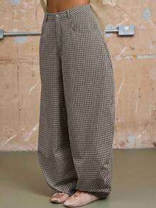 COUREZ Unisex Women Men Low Rise Baggy Barrell Fit Check Trousers Cotton - Coffee Brown - View 7