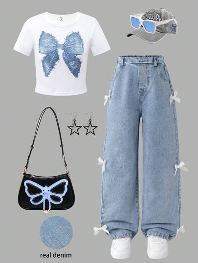 SHEIN ChillGRL 2pcs Girls Casual Everyday Commute Outfit With Bow T-Shirt And Jeans