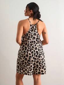 Freevana Plus Size Women Floral Applique & Leopard Print Pocketed Casual Jumpsuit - Khaki - View 2