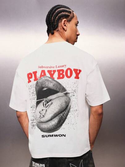PLAYBOY X SUMWON Graphic Print Short Sleeve Crew Neck Cotton T-Shirt With Back Design For Casual Streetwear Summer Style